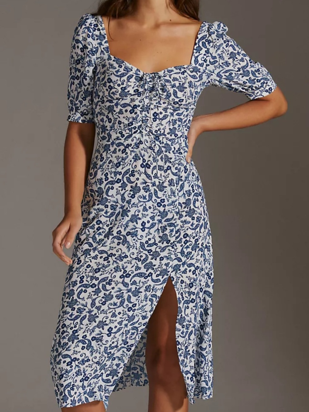 Favorite Daughter blue white floral midi dress with slit & tie front size small